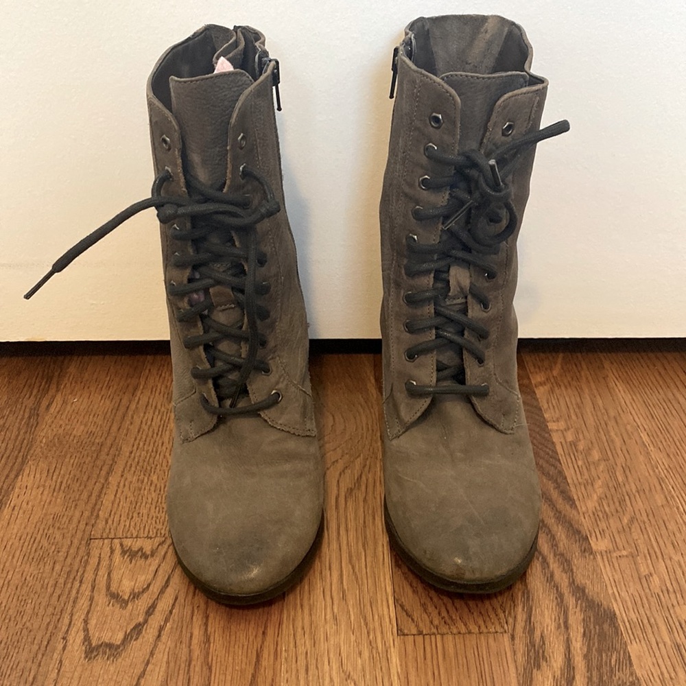 Gray leather military style bootie